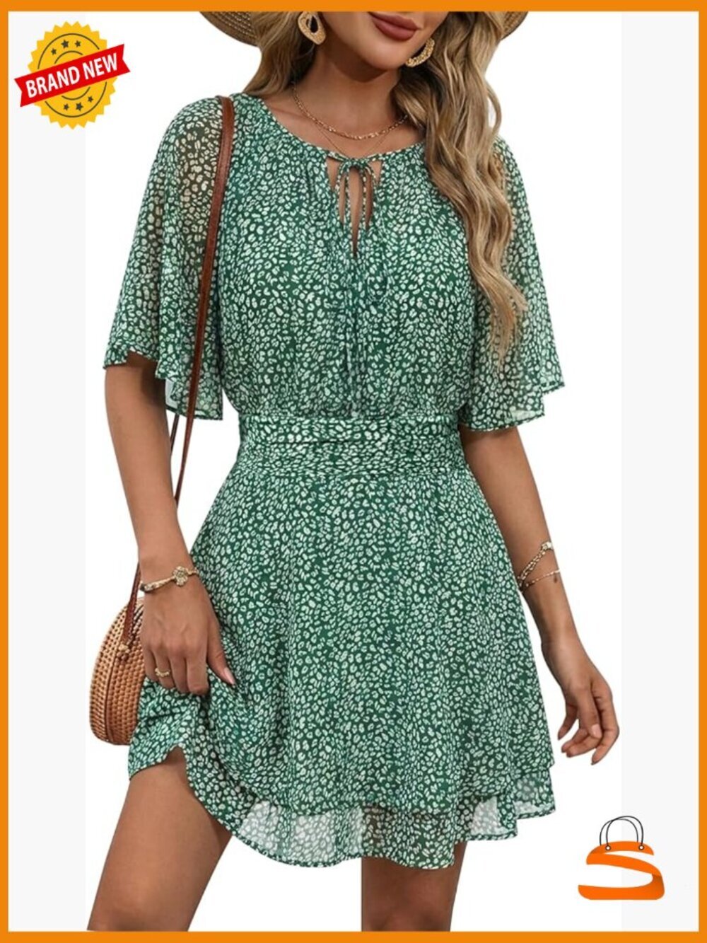Chiffon Floral Print Mini Dress V-Neck Short Flared Sleeve Ruffle Beach Sundress